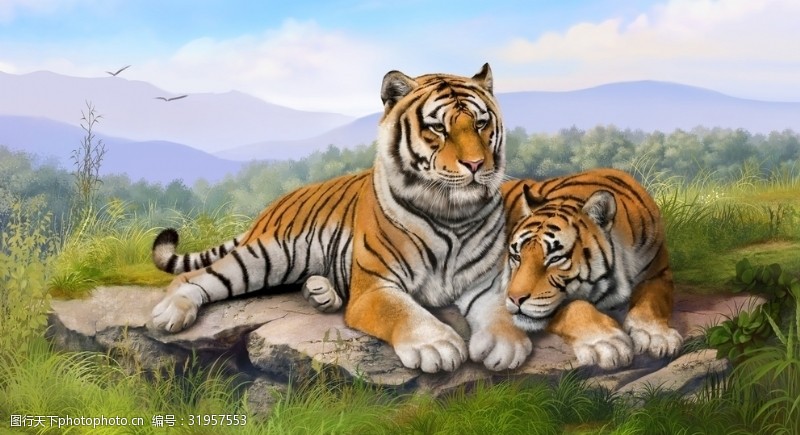 两只手两只老虎手绘风景