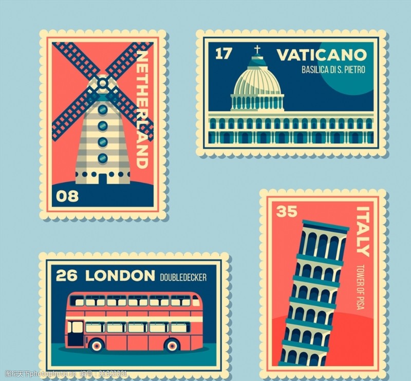 英伦邮票4款创意环球旅游邮票矢量图