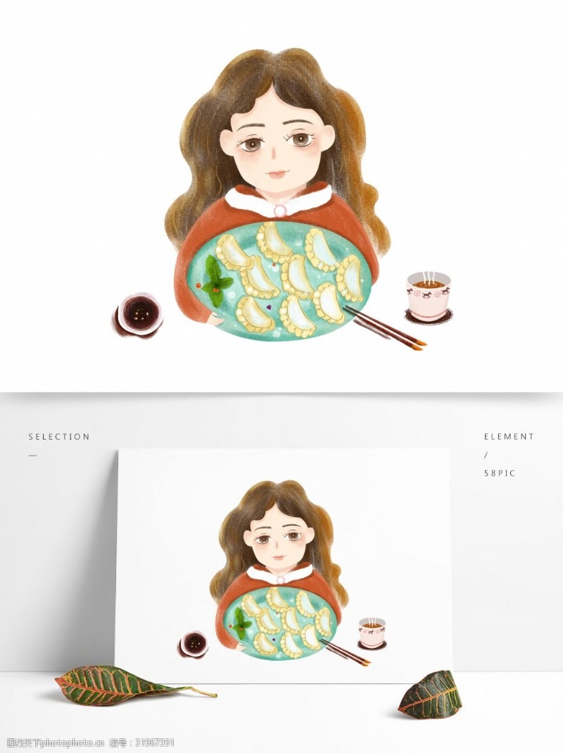 复古手绘抱着一盘饺子的女孩