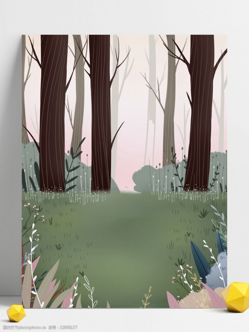手绘树林手绘春季草丛树林背景设计
