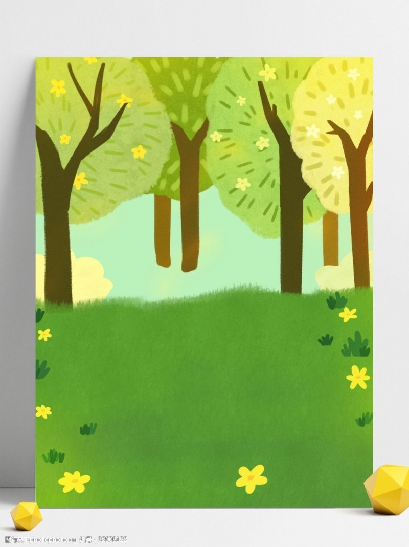 手绘树林手绘春季草地树林背景设计