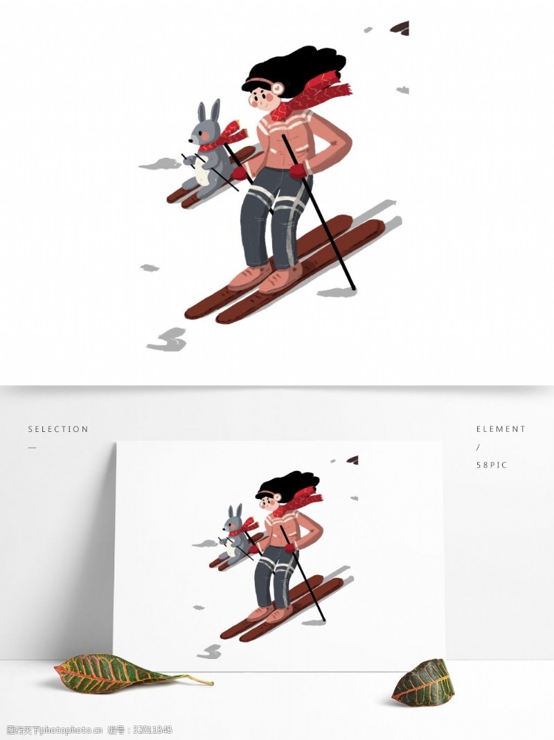 手绘滑雪人物插画卡通手绘滑雪的女人和小兔子