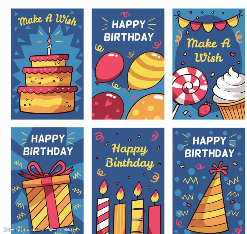 三角拉旗6款彩绘生日快乐卡片矢量素材