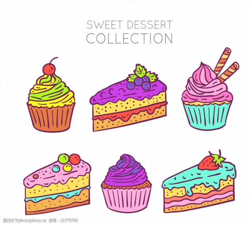 水彩手绘冰淇淋6款彩色手绘甜点设计矢量素材