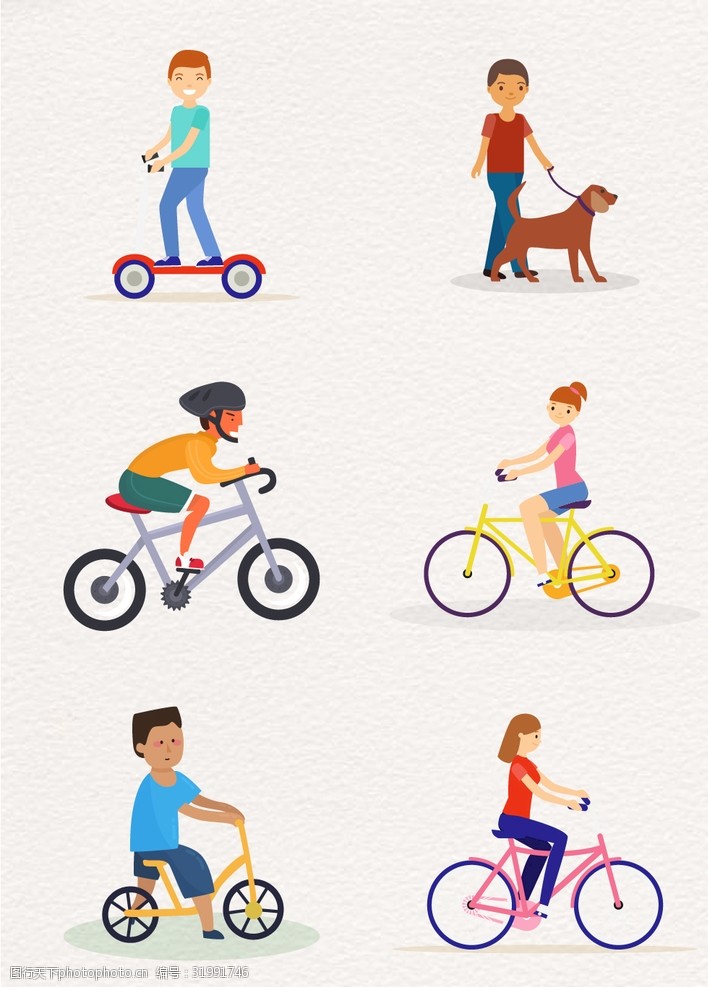 卡通骑自行车玩平衡车遛狗的休闲