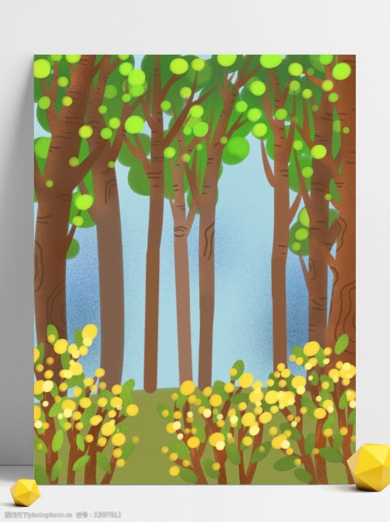 彩绘绿色树叶清新彩绘春季树林背景设计