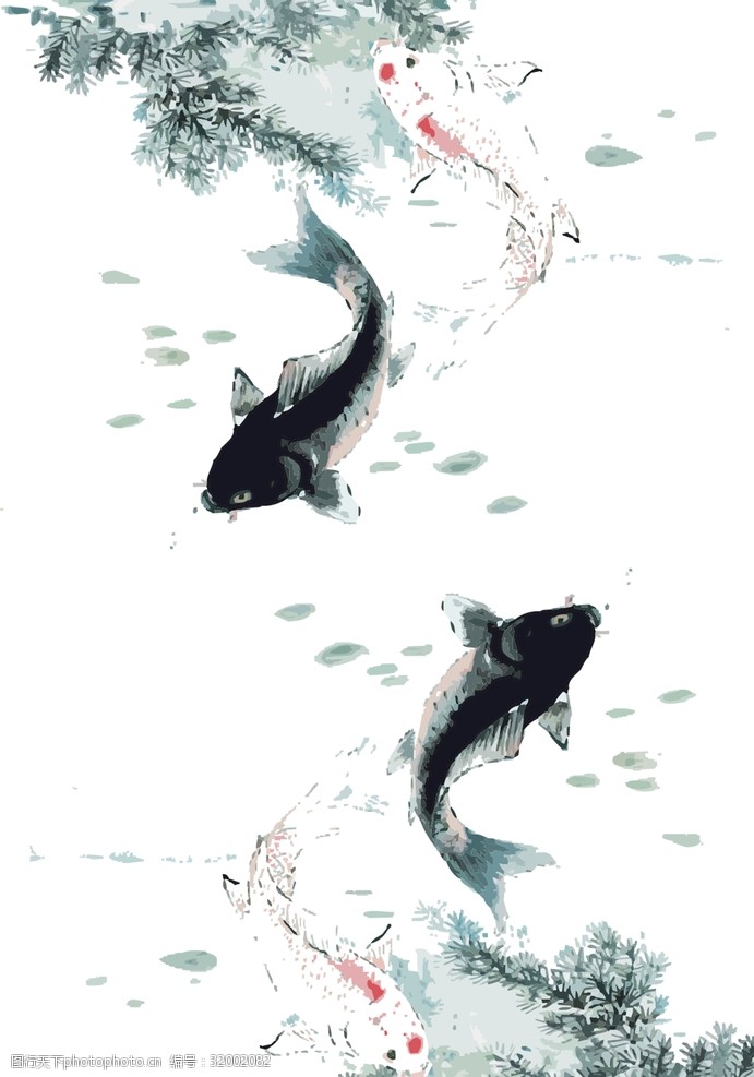 两条金鱼水墨中国风古典鲤鱼