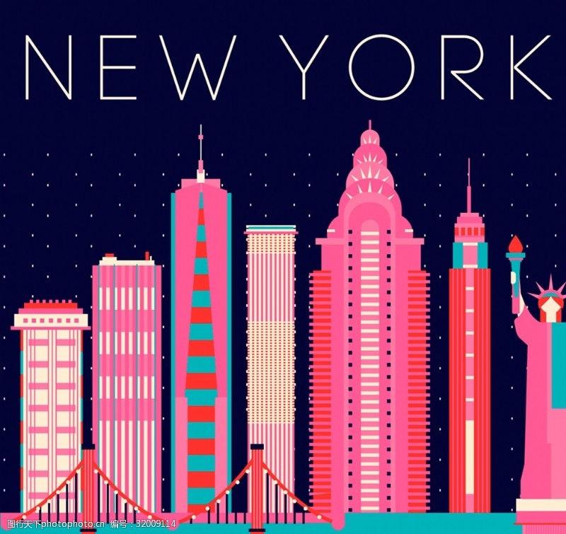 自由女神像彩色纽约城市剪影矢量素材