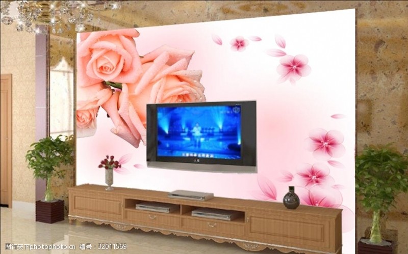 雕壁客厅3D玫瑰花纹电视背景墙