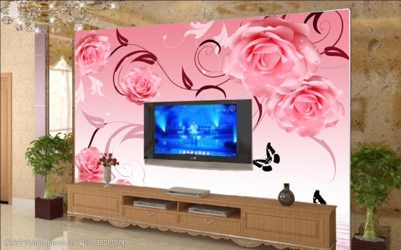 雕壁客厅3D玫瑰花纹电视墙