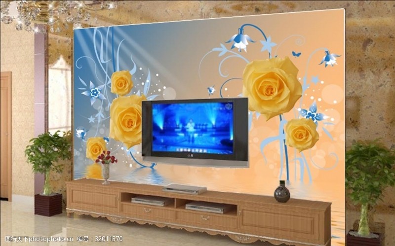 雕壁客厅3D玫瑰花纹电视墙客厅