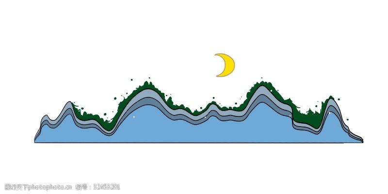 月亮分割线蓝色大山分割线插画