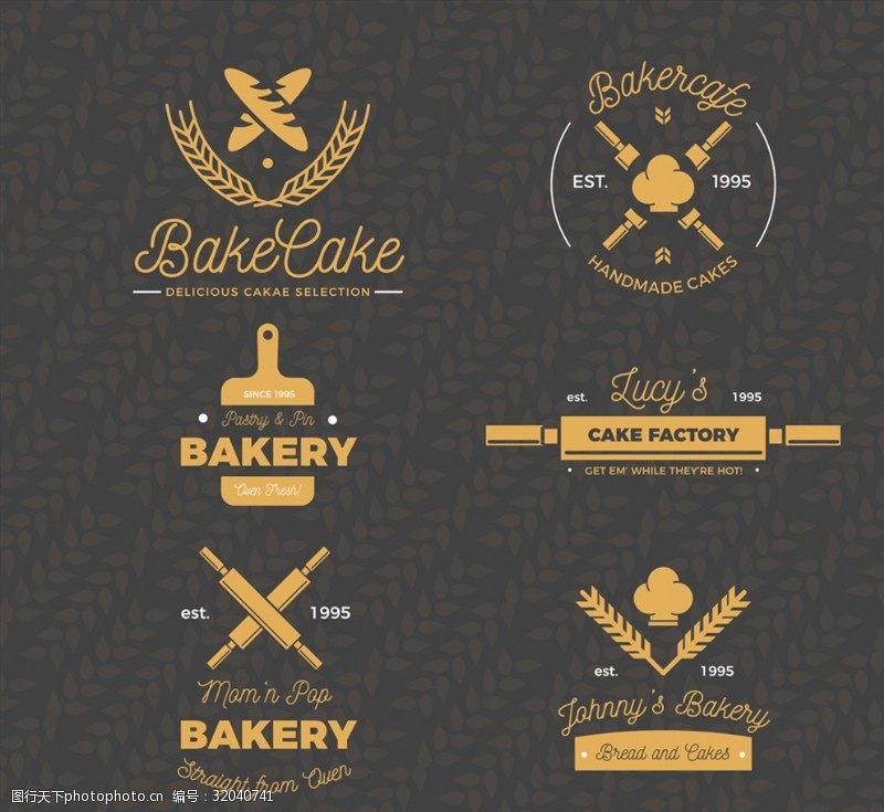 烘培标志6款复古金色面包店标志矢量图