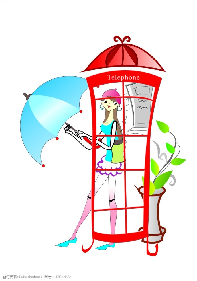 电话亭插画美女雨伞