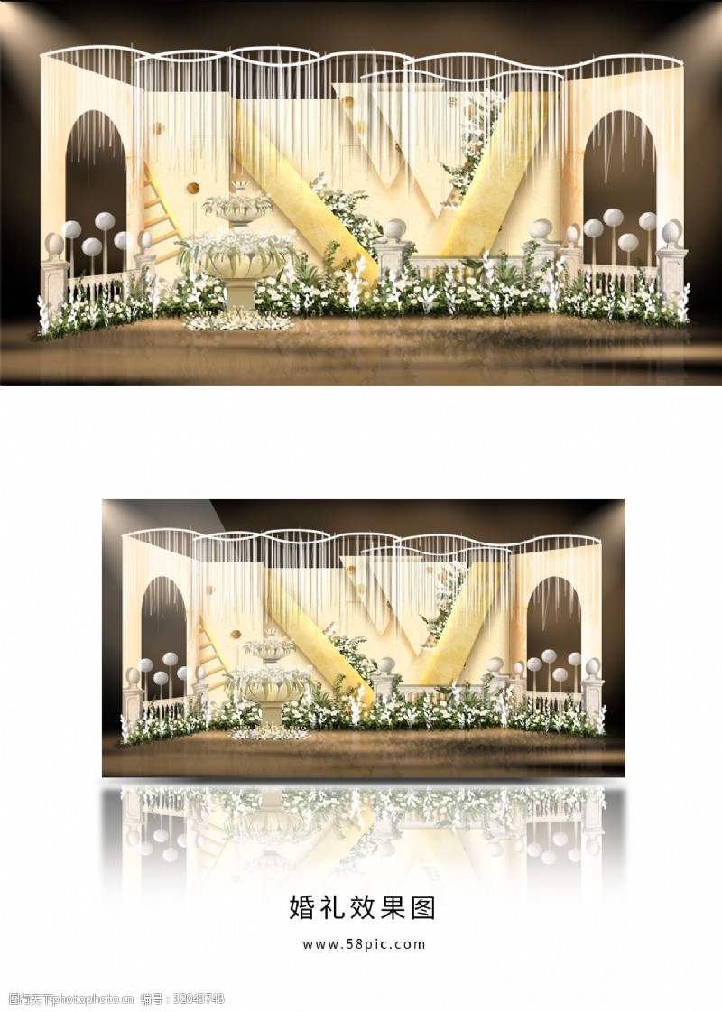 欧式喷泉效果图欧式简约香槟奢侈婚礼效果图