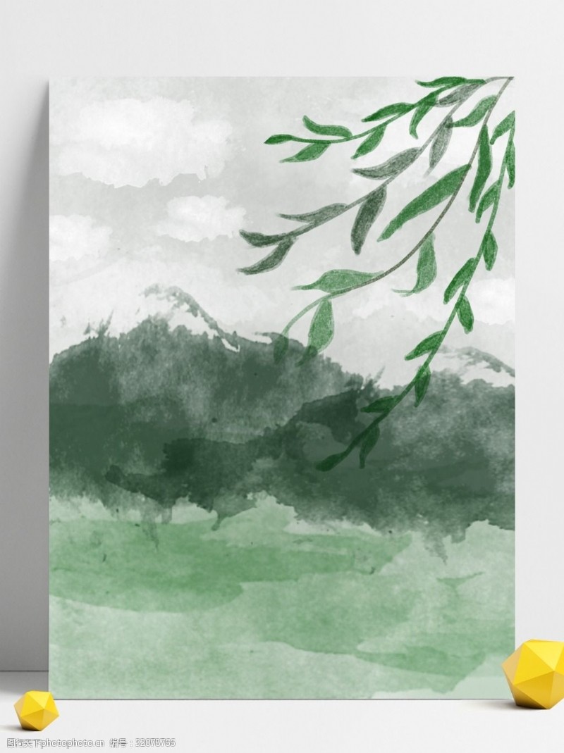 彩绘绿色树叶全原创二十四节气春分绿色柳叶水墨背景