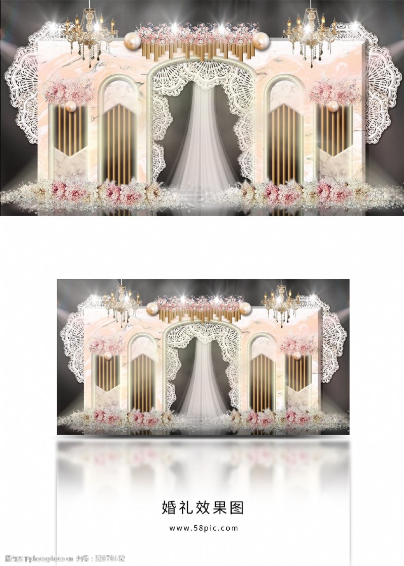 立体装饰台灯香槟色圆弧拱门背景板线条装饰婚礼效果图