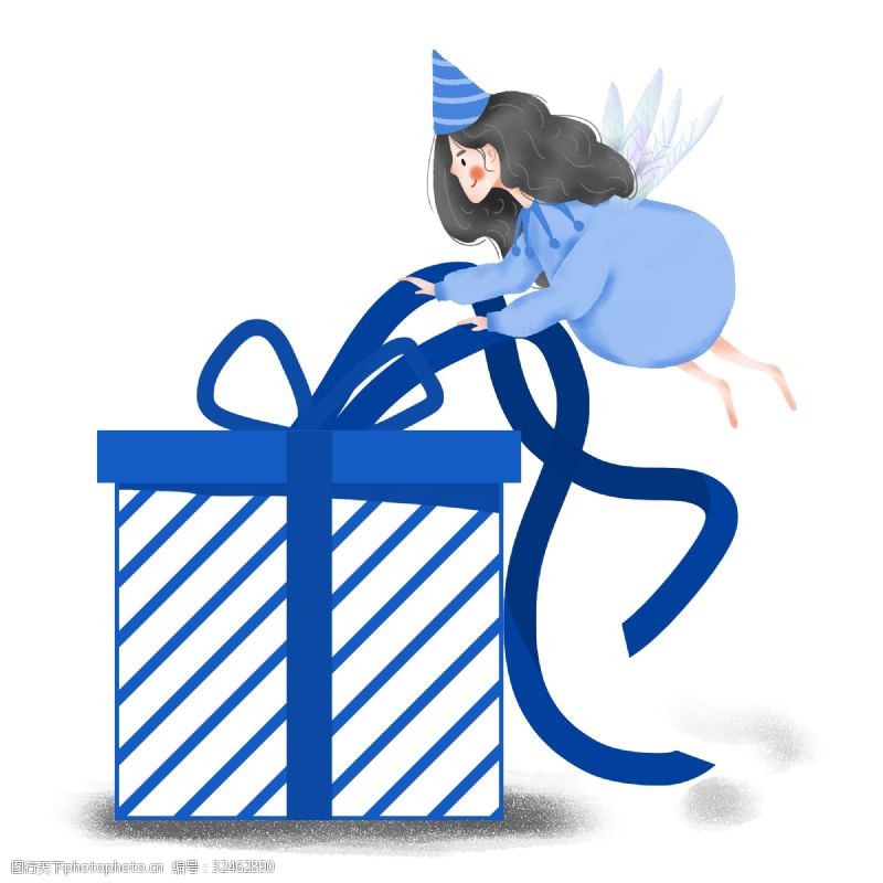 蓝色小精灵简约包装礼物的小精灵插画海报免抠元素