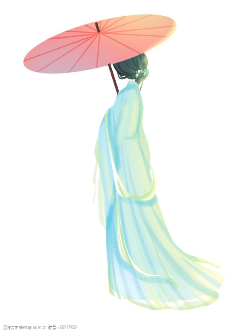 打伞人手绘古代打伞的美女中国风免扣素材