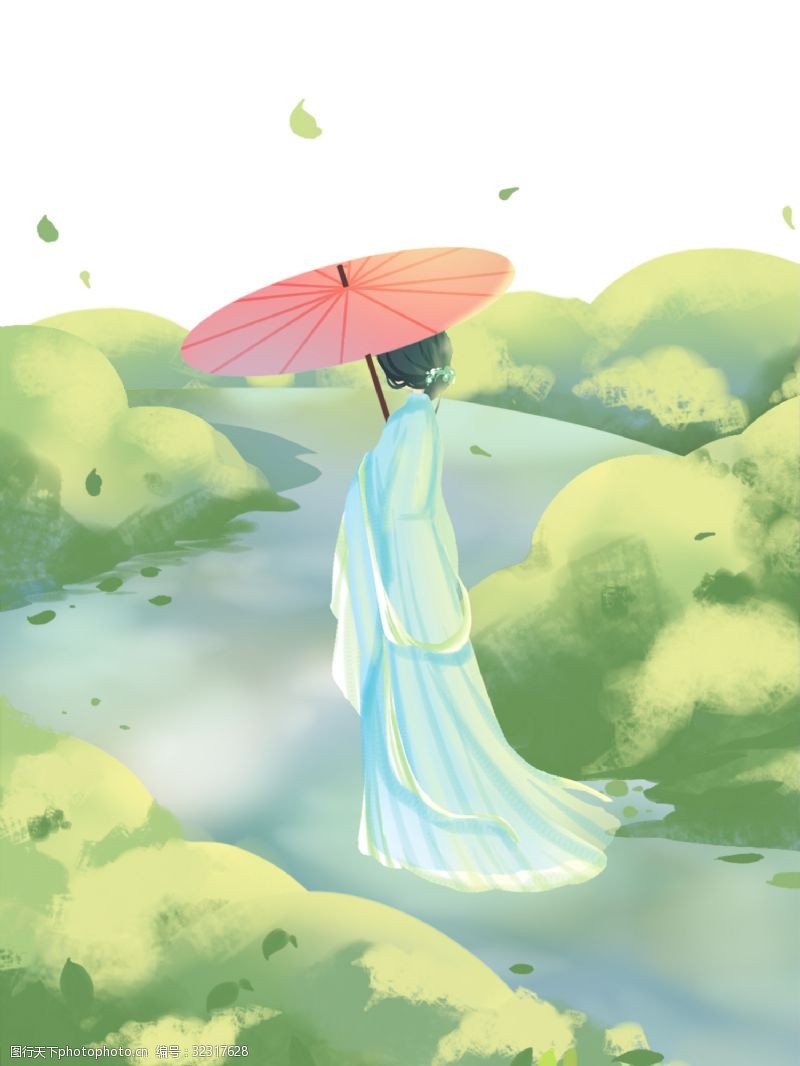打伞人手绘卡通打伞的女人背影中国风林间小路免扣元素