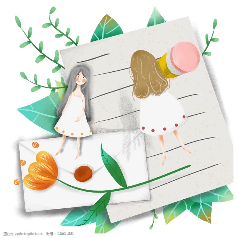 小清新树叶简约写信的两个女孩插画海报免抠元素