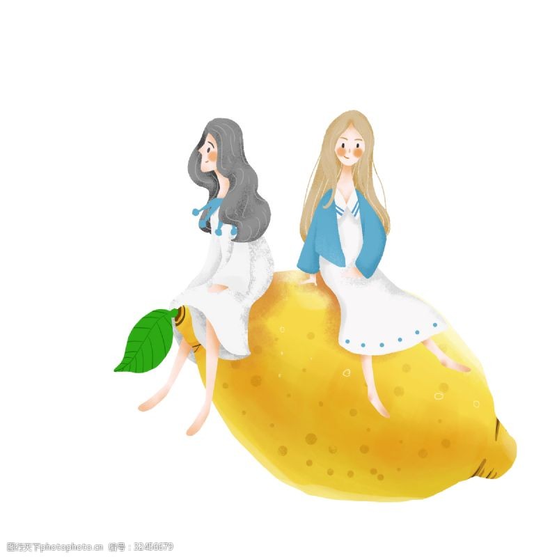 上海通用简约坐在柠檬上的女孩插画海报免抠元素