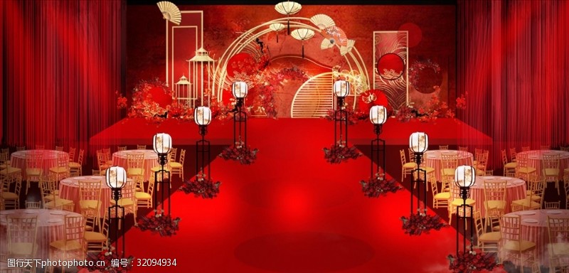 中国风中国红背景五三中式婚礼效果图