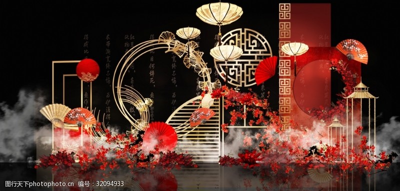 中国风中国红背景五四中式婚礼效果图