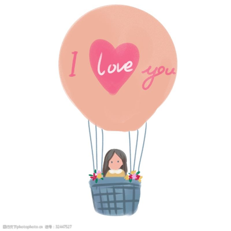 乘坐热气球的人物插画风坐有花朵装饰的爱心热气球女孩