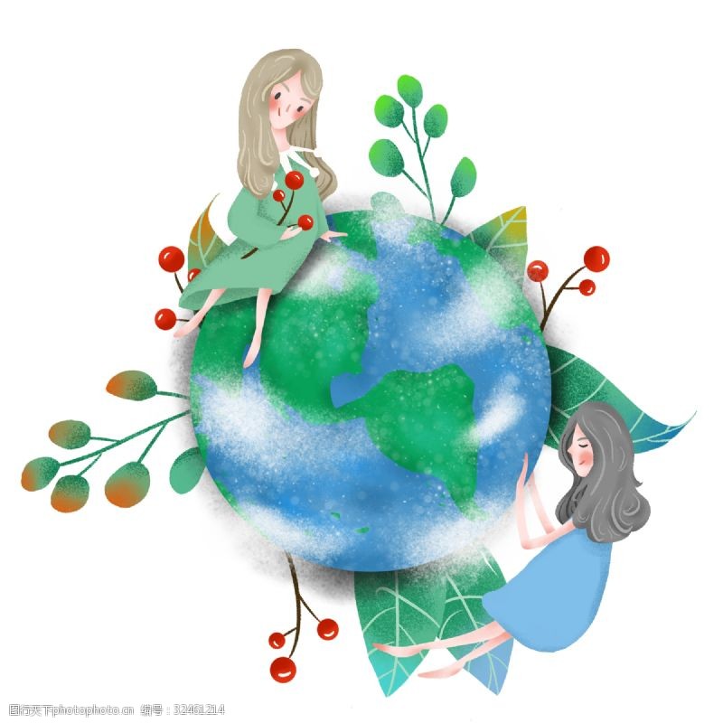 两个女人简约守护地球的两个女孩插画海报免抠元素