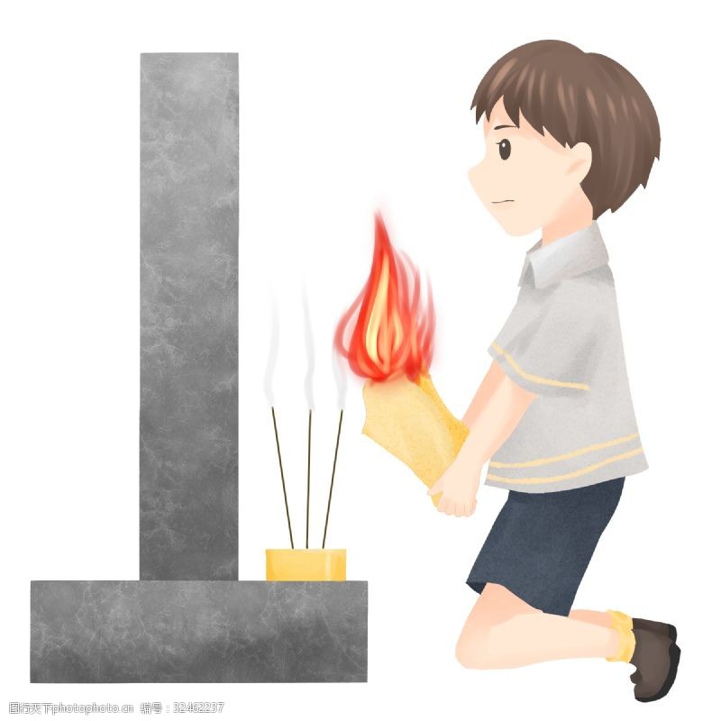 扫墓清明节祭祖烧香的男孩插画