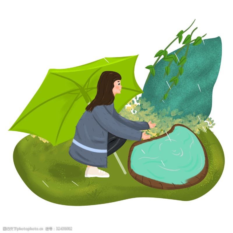 矢量打伞的女人清明节下雨打伞的女孩手绘插画