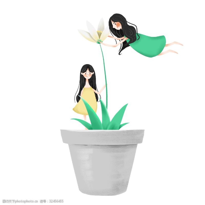 两个女人简约种花的两个女孩插画海报免抠元素