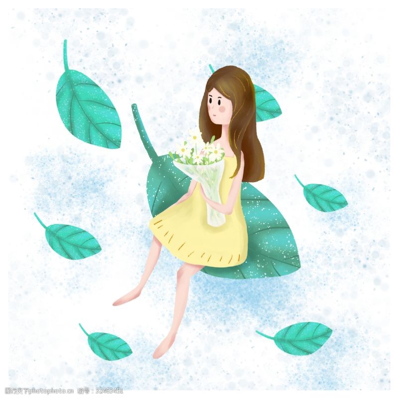 上海通用简约坐在树叶上的女孩插画海报免抠元素