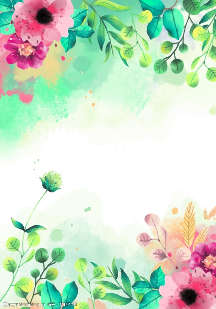 彩绘绿色树叶绿色植物花朵花卉树叶手绘背景