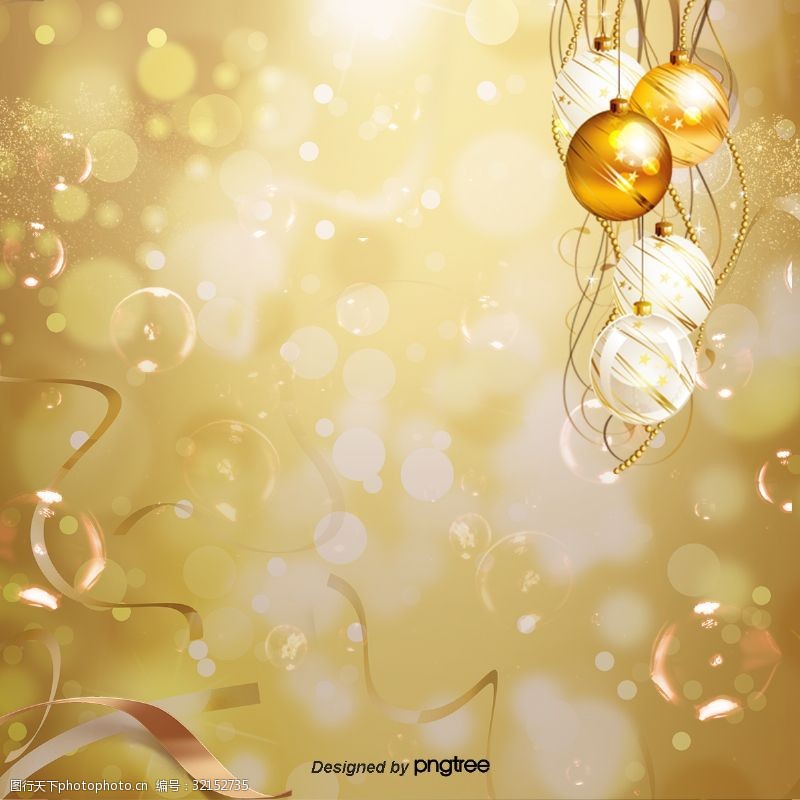 闪烁的星星背景图像小球装饰着金色的丝带