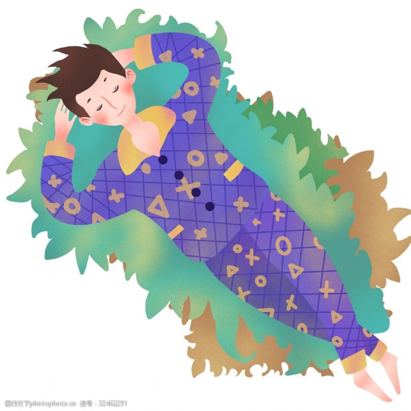 打呼噜躺树叶上睡觉的男孩插画
