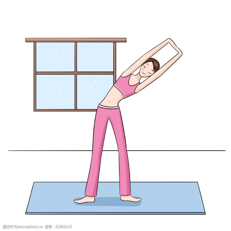 做家教在家做运动瑜伽的女孩手绘插画