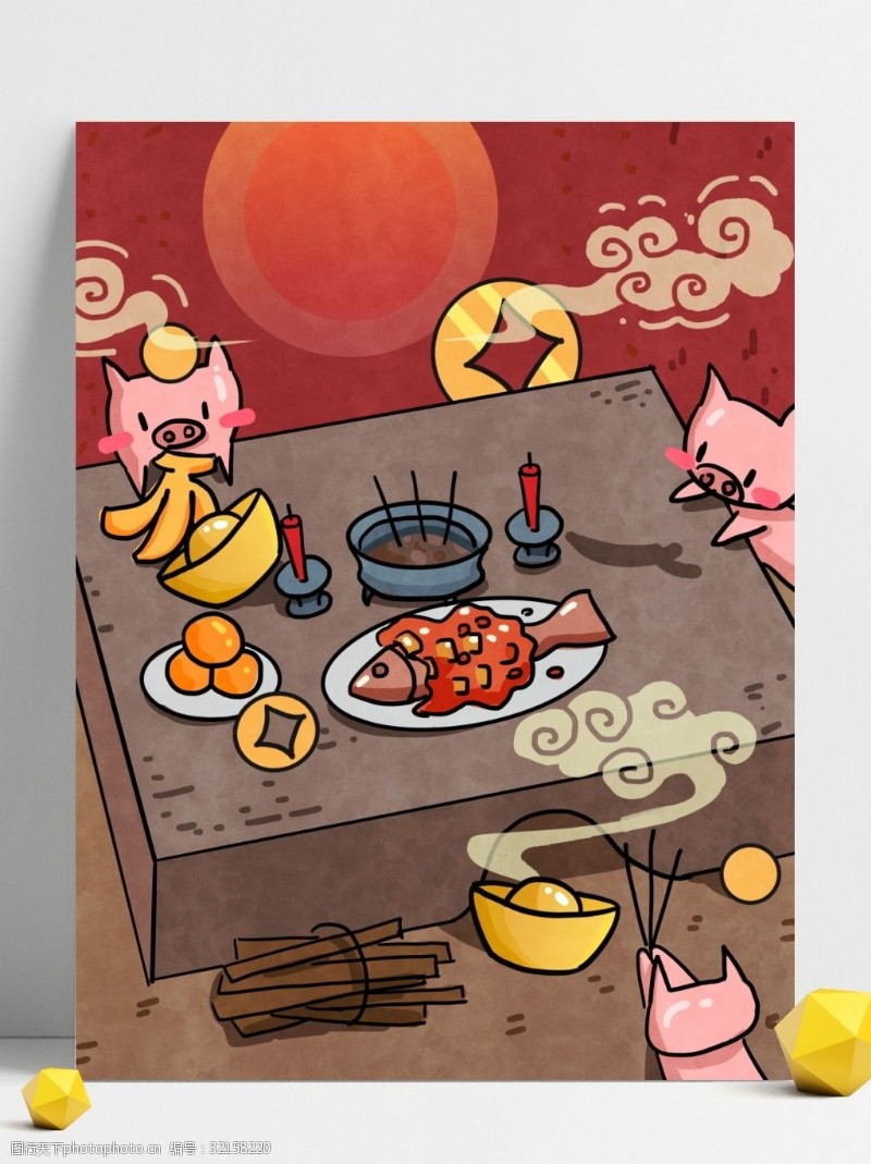 中国风中国红背景红色新年上供美食插画背景