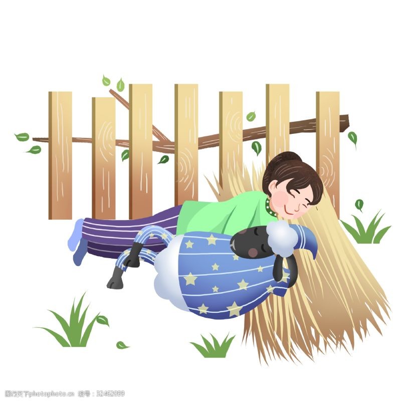 草帽女孩在草上睡觉的小女孩和小羊插画