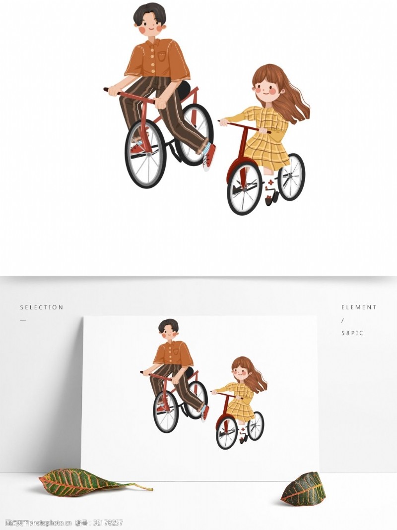 骑车的父女复古手绘一起请自行车旅行的父女俩