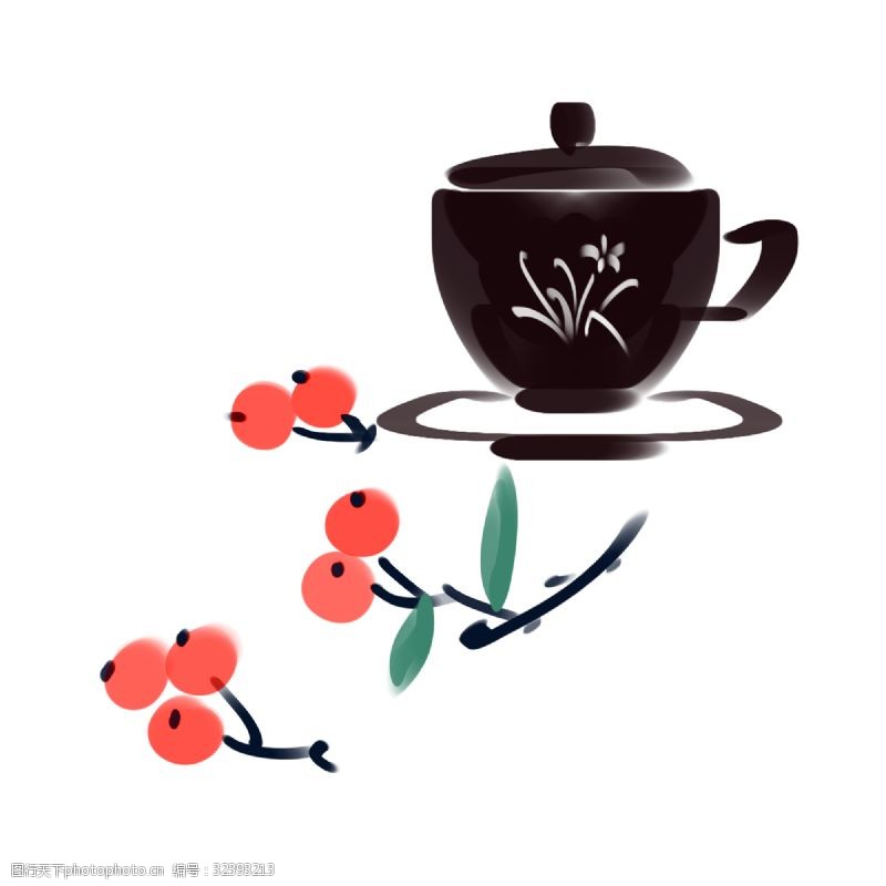 红茶黑色茶壶水墨风插画