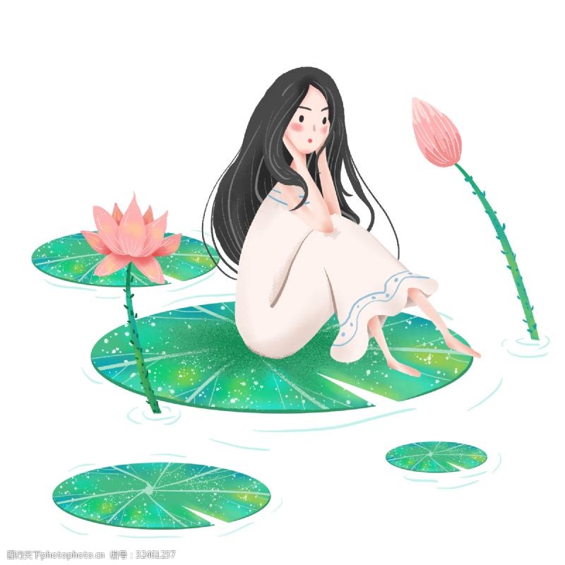 上海通用简约坐在荷叶上的白衣女孩插画海报免抠元素