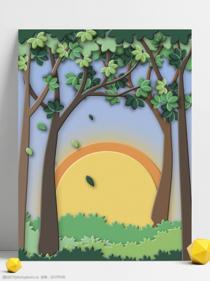 彩绘绿色树叶剪纸风树林圆月背景设计