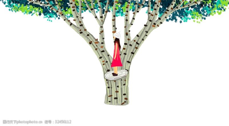树枝素材手绘树木上的女孩矢量免扣素材