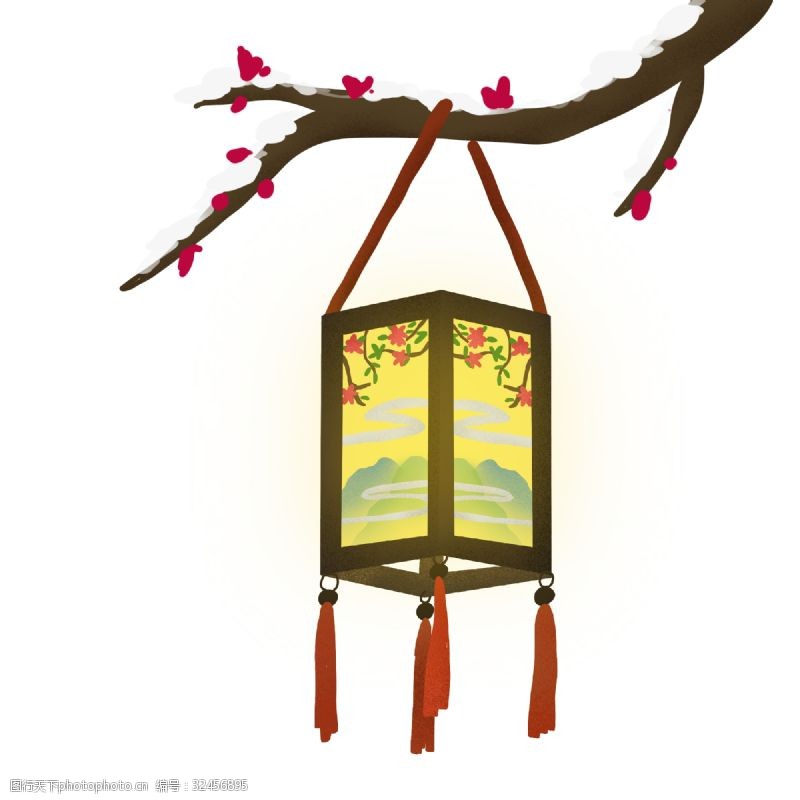 水上灯笼中国风挂在梅枝上的国画灯