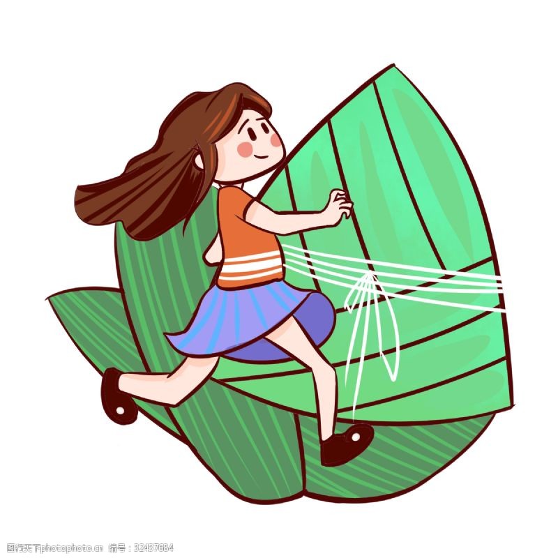 绿色的粽子端午节抱粽子的小女孩手绘插画