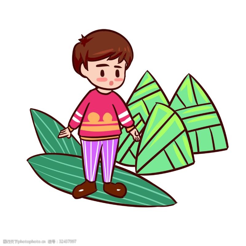 绿色的粽子端午节吃粽子的男孩手绘插画