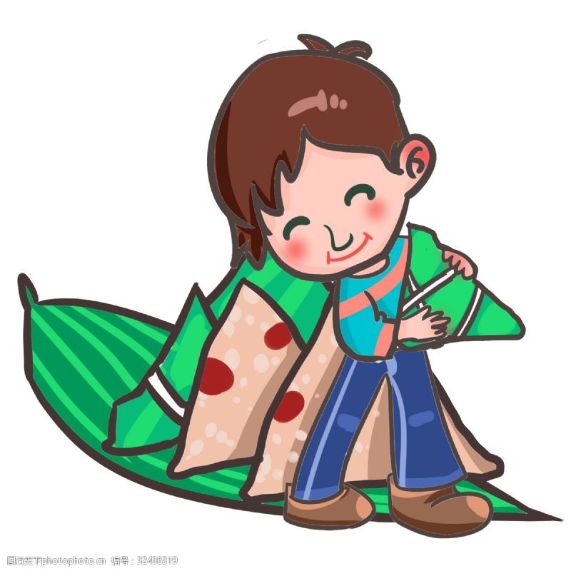 绿色的粽子端午节吃粽子的男孩手绘插画
