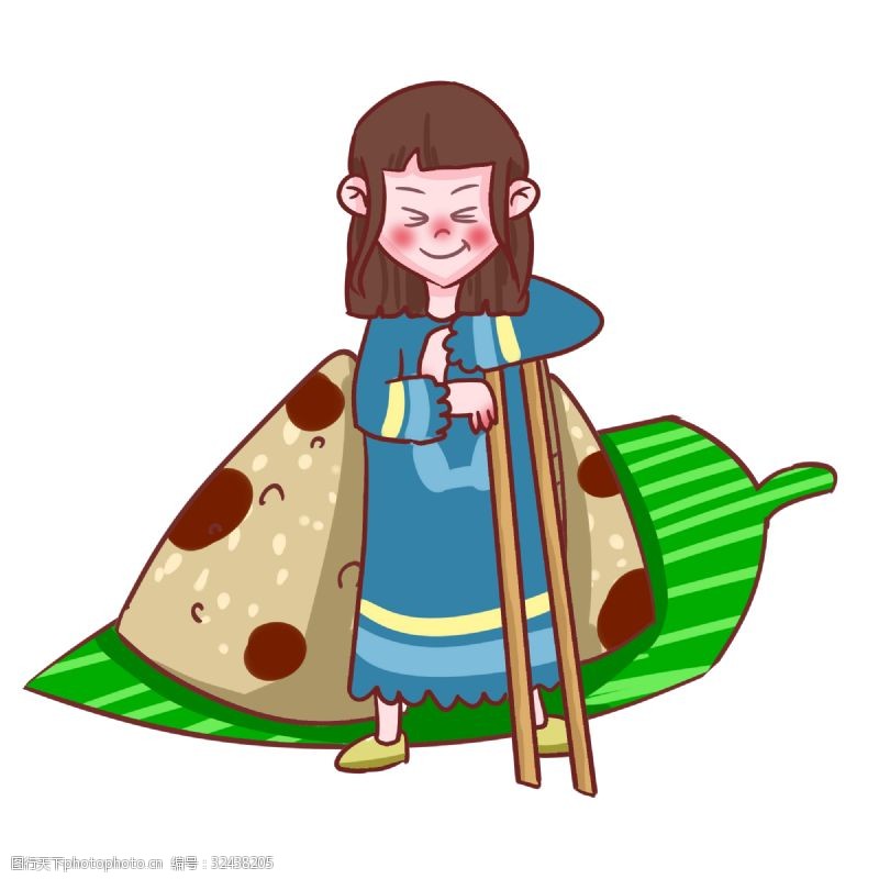 绿色的粽子端午节吃粽子的女孩插画